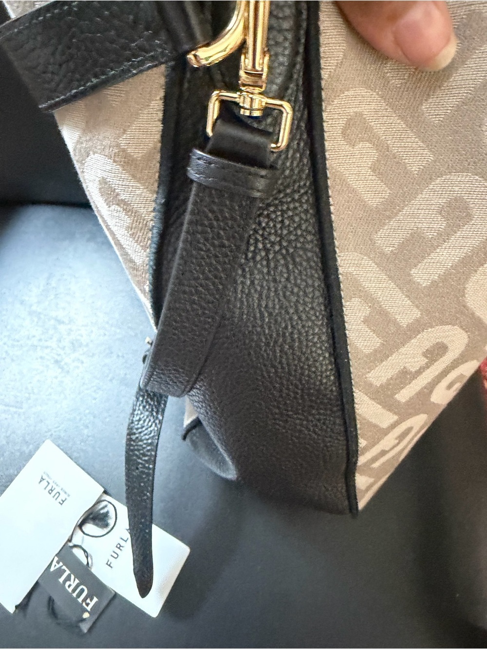 Furla Black Leather & Beige Logo Canvas Messenger Bag